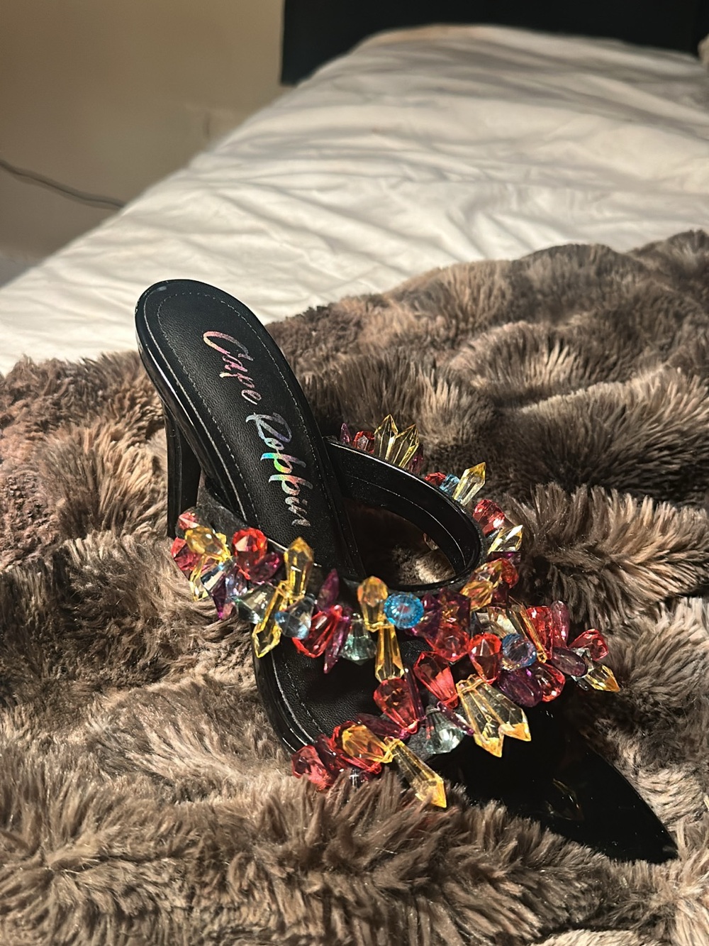 Cape Robbin Black Jeweled Slide Heels with Multicolor Crystal Accents